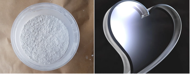 Figure 1 High-purity MgO powder (left), transparent MgO ceramic (right)