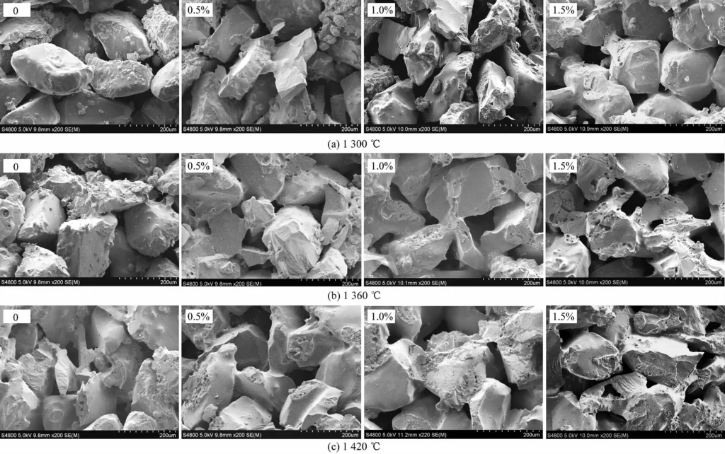 Fig. 3 Facture morephology of specimens with different basic magnesium carbonate additions sintered at various temperatures